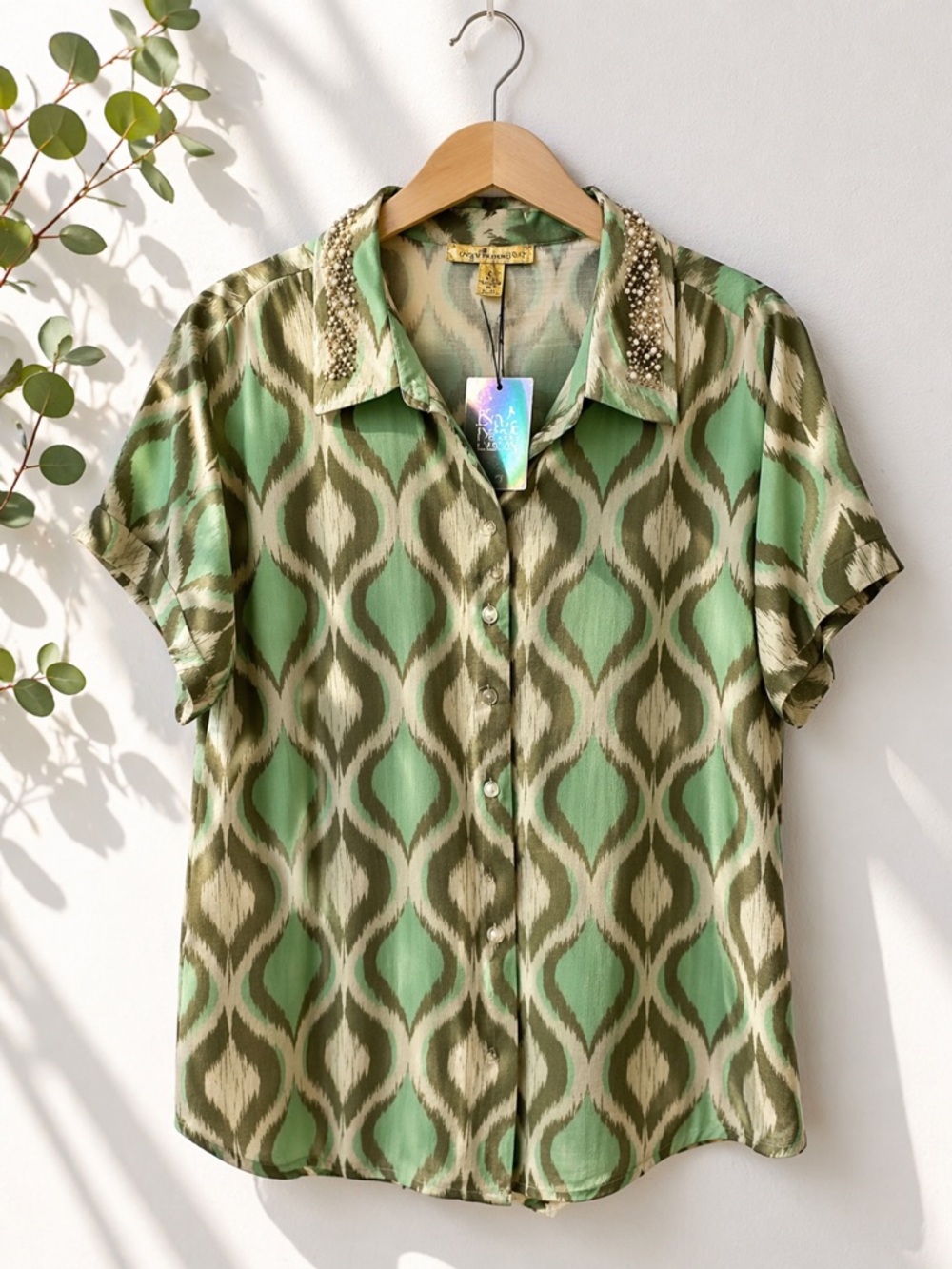 NWT Love by Design Womens Ikat Beaded Collar Blouse Pearl Embellished Large